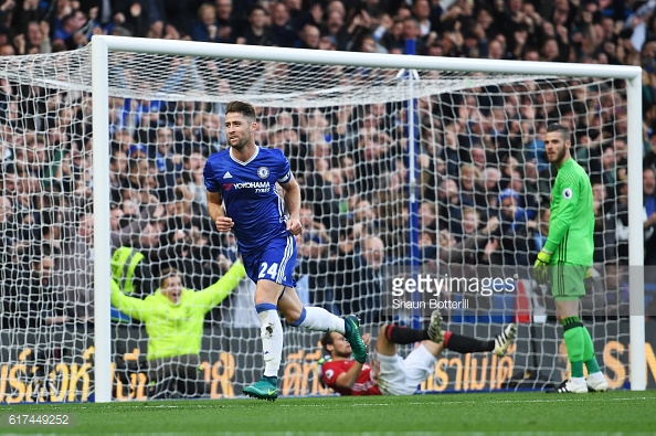 Above: Gary Cahill running off after his goal in Chelsea's 4-0 win over Manchester United | Photo: Getty Images 