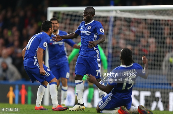 Above: N'Golo Kante been congratulated on his goal in Chelsea's 4-0 win over Manchester United | Photo: Getty Images 