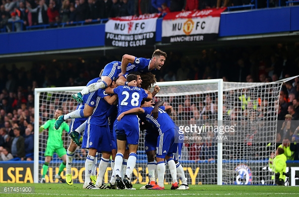 Above: Chelsea celebrating one of their four goals in their win over Manchester United | Photo: Getty Images