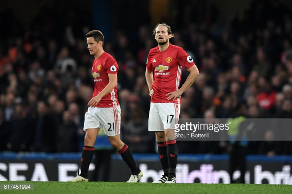 Daley Blind and Ander Herrera look on dejected during the game against Chelsea. Image credit: Getty Images