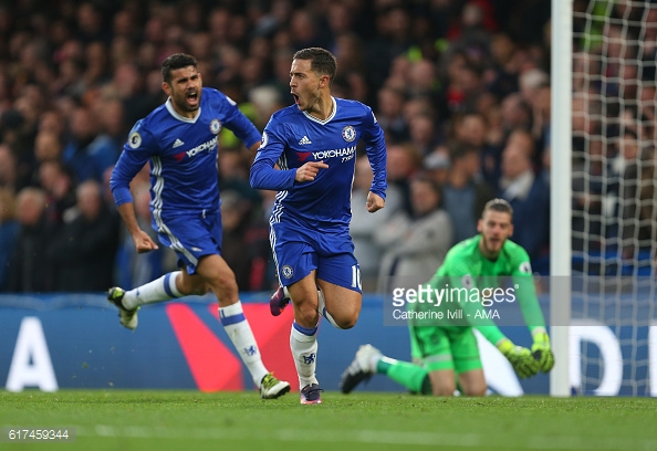 Above: Eden Hazard celebrating his goal in Chelsea's 4-0 win over Manchester United | Photo: Getty Images 