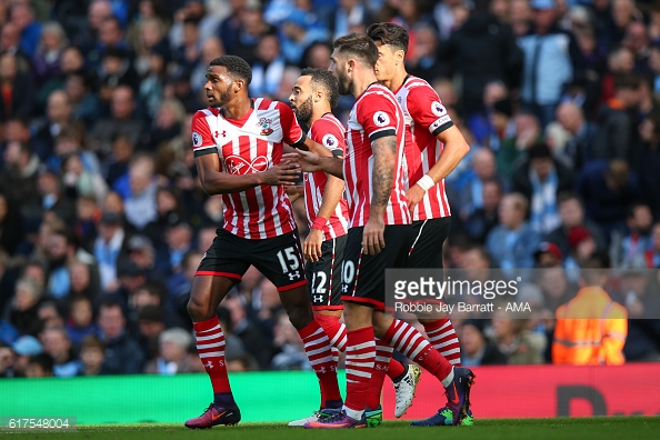 Southampton players during their draw with Manchester City. Photo: Robbie Jay Barratt/Getty