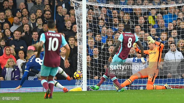 Above: Ross Barkley bundling home Everton's second in their 2-0 win over West Ham | Photo: Getty Images