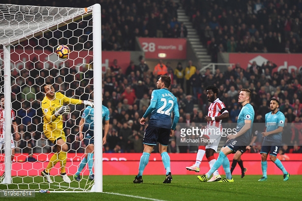 Above: Wilfried Bony scoring one of his two goals in Stoke's 3-1 win over Swansea | Photo: Getty Images 