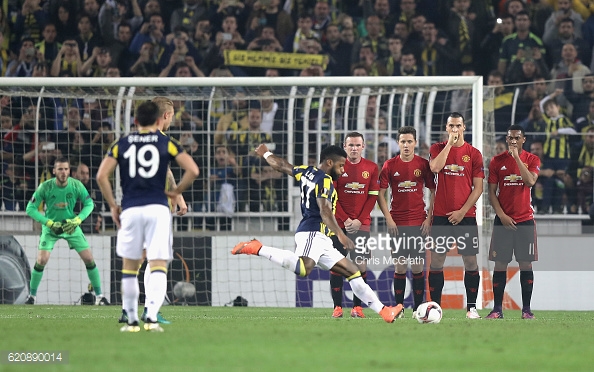 Above: Jeremain Lens taking his free-kick in Fenerbahce's 2-1 win over Manchester United | Photo: Getty Images