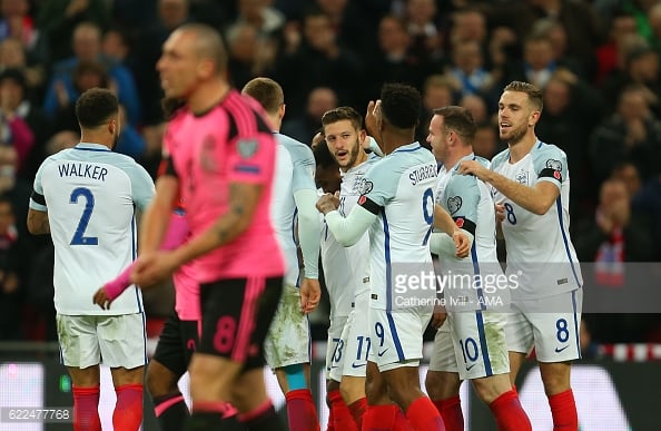 Lallana celebrates his England goal. Photo:Catherine 