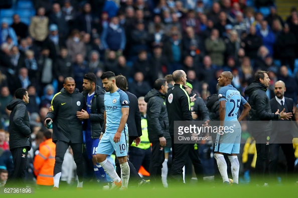 Aguero is sent off at the weekend after a reckless challenge on David Luiz. Photo: Chris Brunskill/Getty