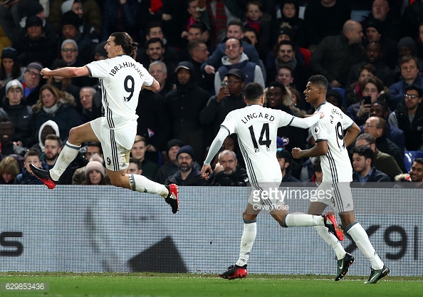 Zlatan celebrates his goal. Photo: Clive Rose/ Getty