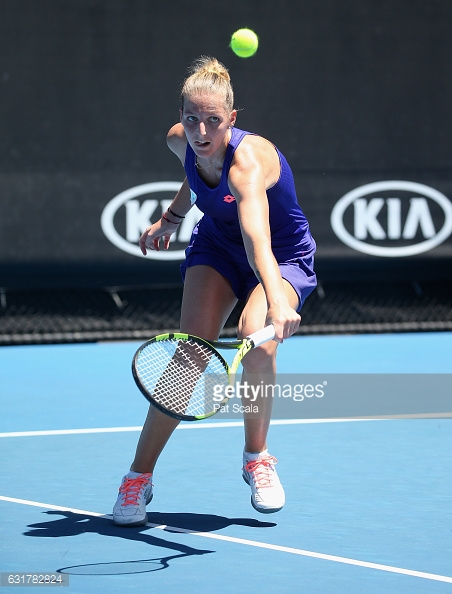 Pliskova plays a forehand/Photo: Pat Scala/Getty Images