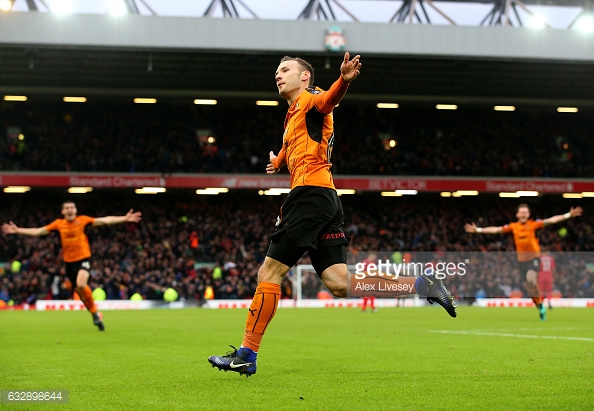 Weimann celebrates scoring Wolves' second at Anfield. (picture: Getty Images / Alex Livesey)