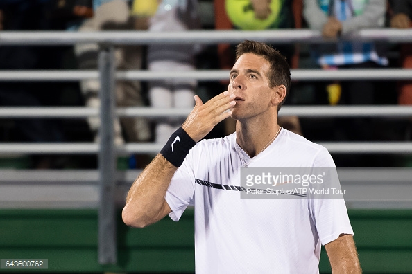 Del Potro slautes the fans after his opening round viictory/Photo: Peter Staples/ATP World Tour/Getty Images