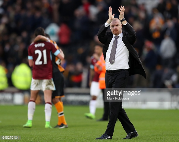 Dyche applauds the travelling Burnley supporters at the conclusion of the Clarets' draw at Hull/Photo: Mark Robinson/Getty Images