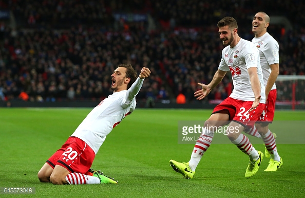 Gabbiadini celebrates drawing Southampton level at Wembley. Photo: Getty.