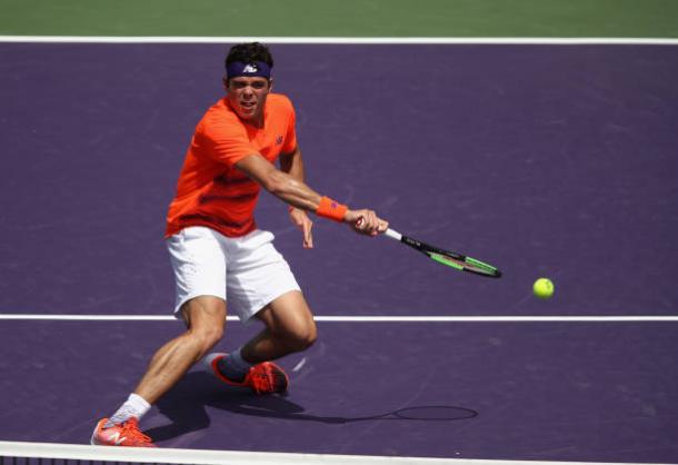 Milos Raonic in action against Viktor Troicki in the second round of the 2017 Miami Open (Getty/Julian Finney)