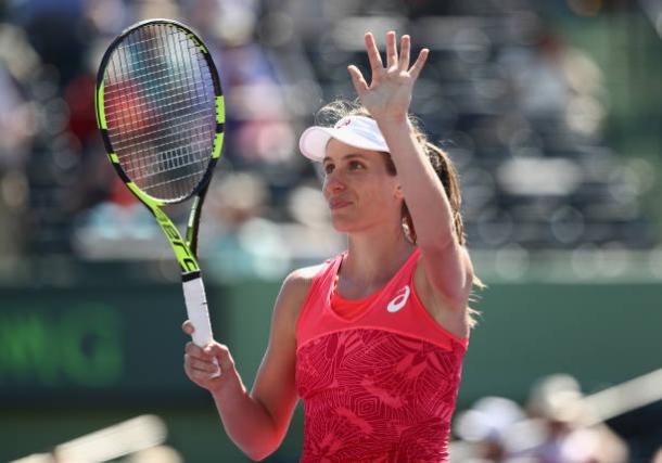 Johanna Konta celebrates after her quarterfinal win over Simona Halep (Getty/Julian Finney)