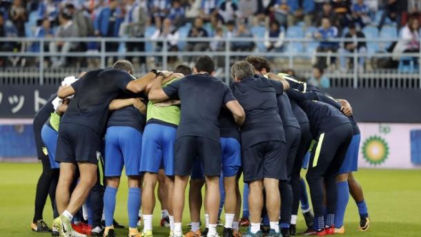 Jugadores del Málaga antes de un partido | Fotografía: Málaga CF