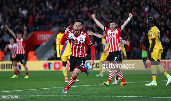 Yoshida wheels away after giving the Saints a late lead. Photo: Getty.