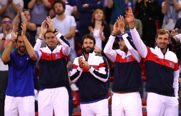 The French team celebrate after beating Great Britain in their Davis Cup quarterfinal in April (Getty/Jean Catuffe)