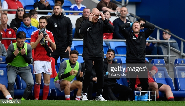 Mark Warburton despairs as Vellios hits the bar against Cardiff City. (picture: Getty Images / Stu Forster)