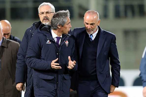 Paulo Sousa e Stefano Pioli conversam antes do jogo entre Fiorentina e Inter, em Florença (Foto: Gabriele Maltinti/Getty Images)