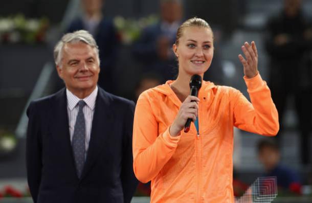 Kristina Mladenovic during her runner-up speech after losing to Simona Halep in the final of the Mutua Madrid Open (Getty/Julian Finney)