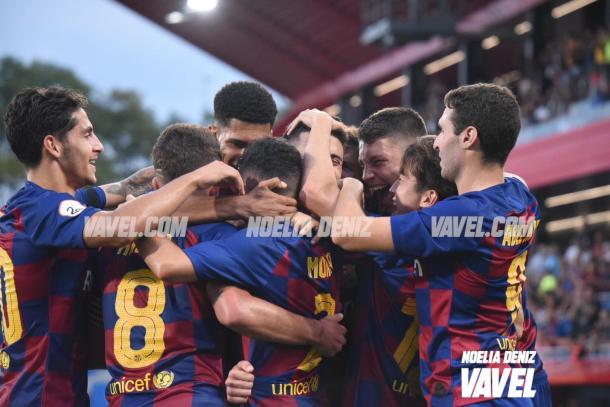 Los jugadores del Barça celebrando el 2-1 ante el Nàstic | Foto: Noelia Déniz (VAVEL)