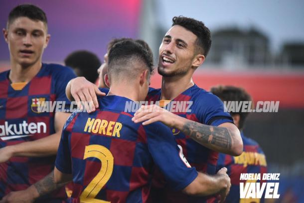 Morer y Guillem Jaime conectaron en la jugada del 2-1 del Barça B | Foto: Noelia Déniz (VAVEL)