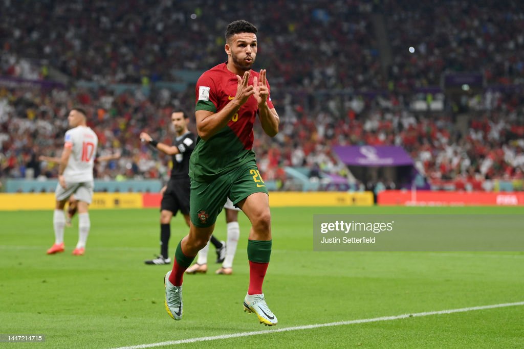  Goncalo Ramos of Portugal celebrates after scoring the team's first goal during the FIFA World Cup Qatar 2022 Round of 16 match between Portugal and Switzerland at Lusail Stadium on December 06, 2022 in Lusail City, Qatar. (Photo by Justin Setterfield/Getty Images)