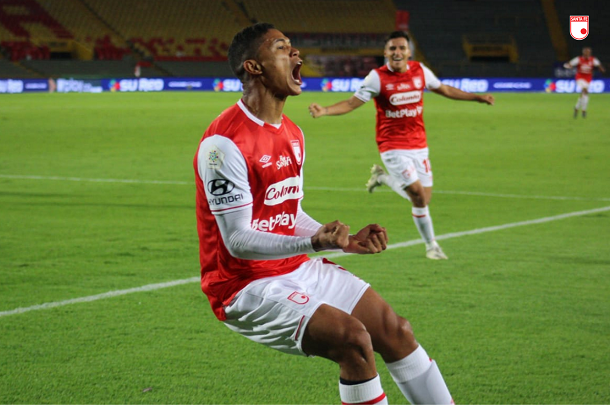 Jorge Ramos, anotador del primer gol de la noche de sábado. Imagen: Independiente Santa Fe