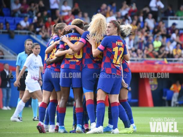 Las jugadoras del FC Barcelona celebrando el 1-0 de Marta Torrejón ante el Logroño | Foto: Noelia Déniz (VAVEL)