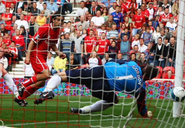 Julio Arca watches as his header squeezes past Craig Gordon, levelling the scores for Middlesbrough against his former club. (Photo: Clive Rose/Getty Images)