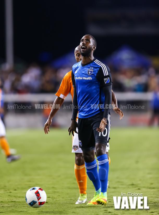 Matias Perez Garcia (10) of the San Jose Earthquakes is called off sides as he makes his run during the second half of play against the Houston Dynamo.