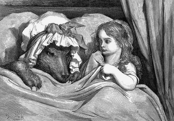 El lobo engaña a Caperucita disfrazándose de la abuela | Ilustración: Gustave Doré