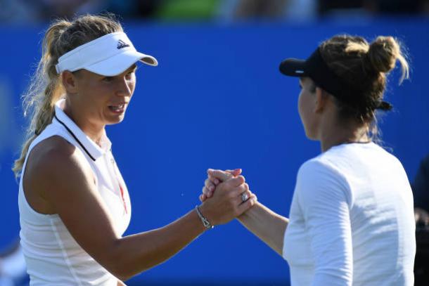 Wozniacki and Halep following their clash at Eastbourne in June 2017 (Getty/Mike Hewitt)