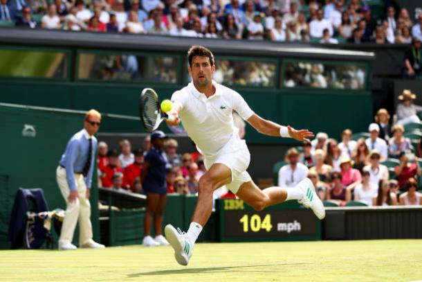 Novak Djokovic in action during his first round win today (Getty/Michael Steele)