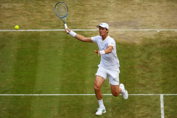 Tomas Berdych in action during his quarterfinal today (Getty/Shaun Botterill)