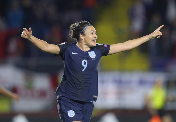 Jodie Taylor, previously of the Spirit and the Thorns, after scoring against Spain. Source | UEFA