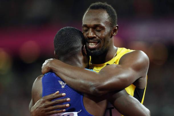 Bolt and Gatlin embrace after the final (Getty/Patrick Smith)