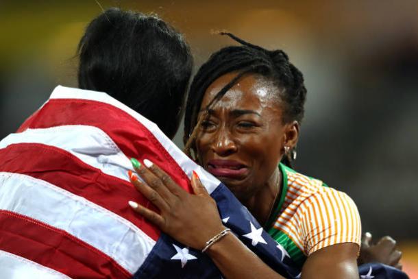 Bowie and Ta-Lou embrace after the race (Getty/Michael Steele)