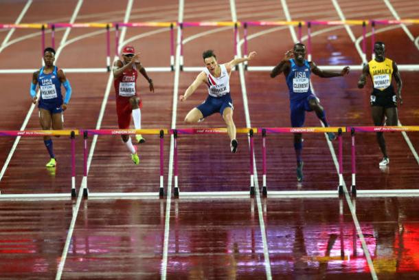 Warholm leads the field over the final barrier. He led throughout the whole race (Getty/Michael Steele)