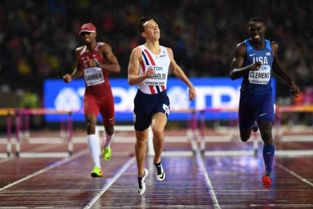 Warholm crosses the line, ahead of the likes of Clement (Getty/Shaun Botterill)