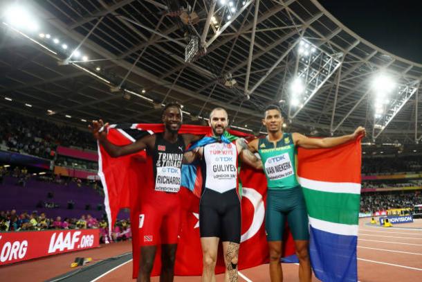 The three medalists celebrate after the final (Getty/Michael Steele)