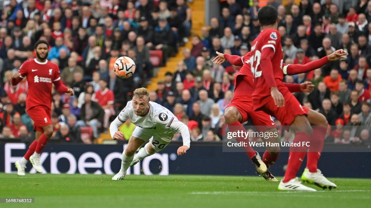 Jarrod Bowen scoring his header against Liverpool.  (Photo by West Ham United FC/Getty Images)