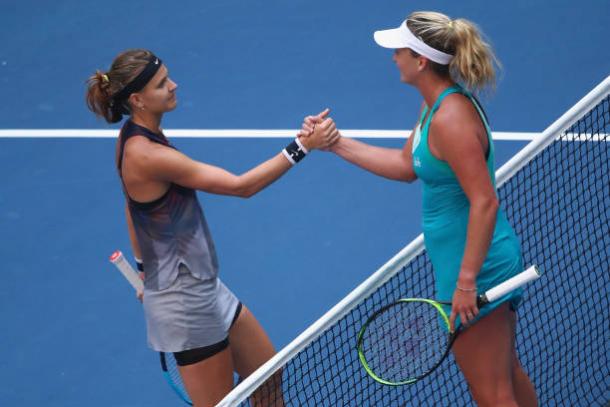 Safarova and Vandeweghe meet after their match (Getty/Clive Brunskill)