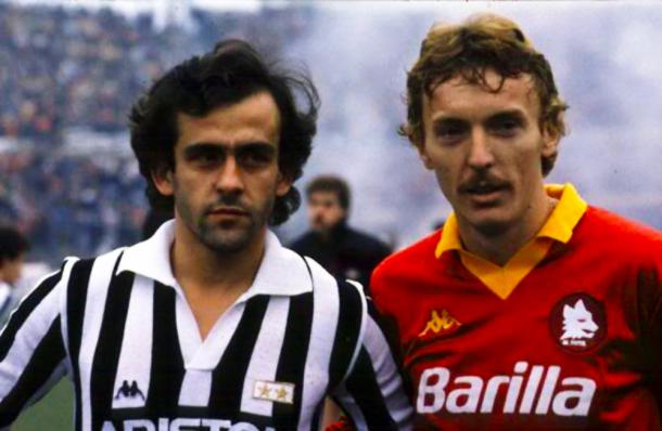 Michel Platini e Zibi Boniek al loro primo incontro da avversari