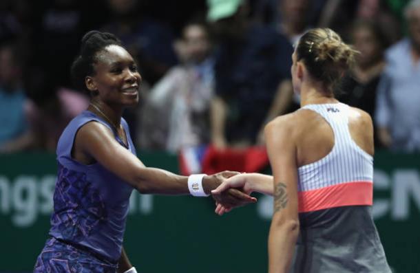 Williams congratulates Pliskova following the conclusion of the match (Getty/Matthew Stockman)