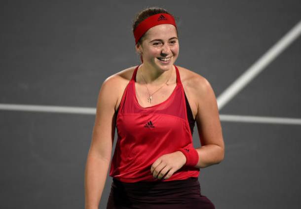 Jelena Ostapenko in action at the Mubadala exhibition earlier today (Getty/Tom Dulat)