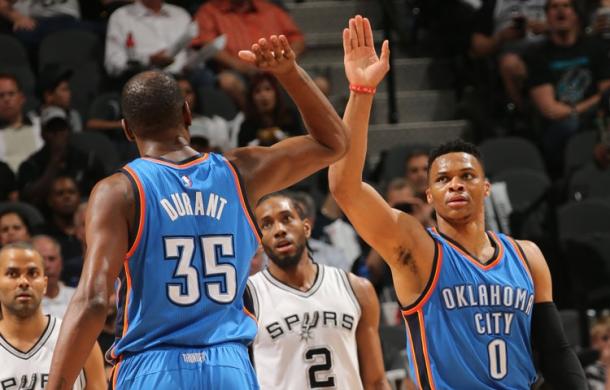 The KD-Westbrook duo combined for 58 points, 17 rebounds, and 14 assists Tuesday night | Photo: Layne Murdoch/NBAE via Getty Images