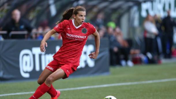 Portland's Tobin Heath is the league leader with four assists in five games. Photo provided by AP Photo-The Oregonian. 