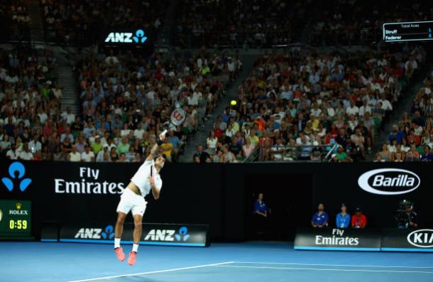 Federer serving during the second set of the match (Getty/Clive Brunskill)